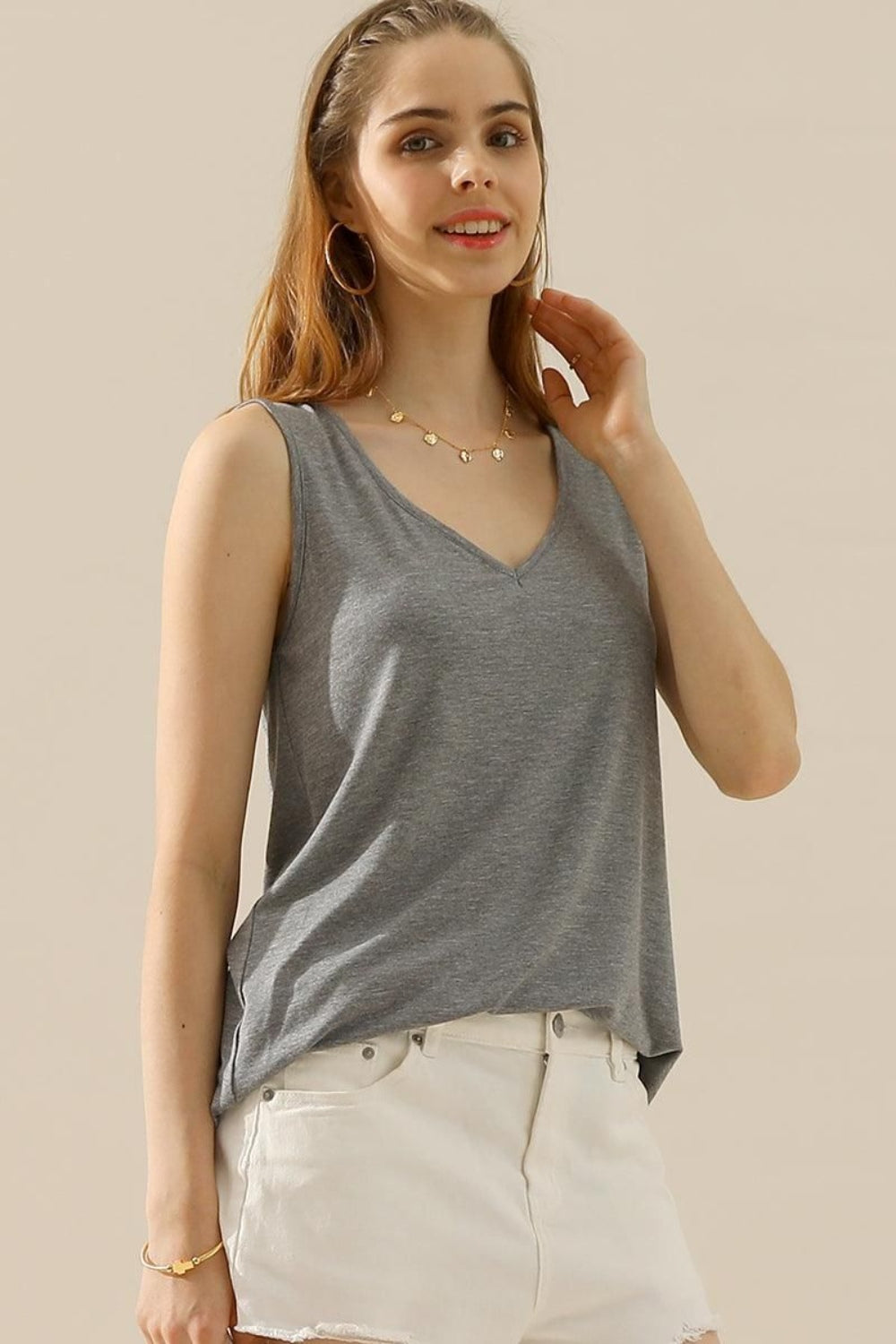 V-Neck Curved Hem Tank Tops