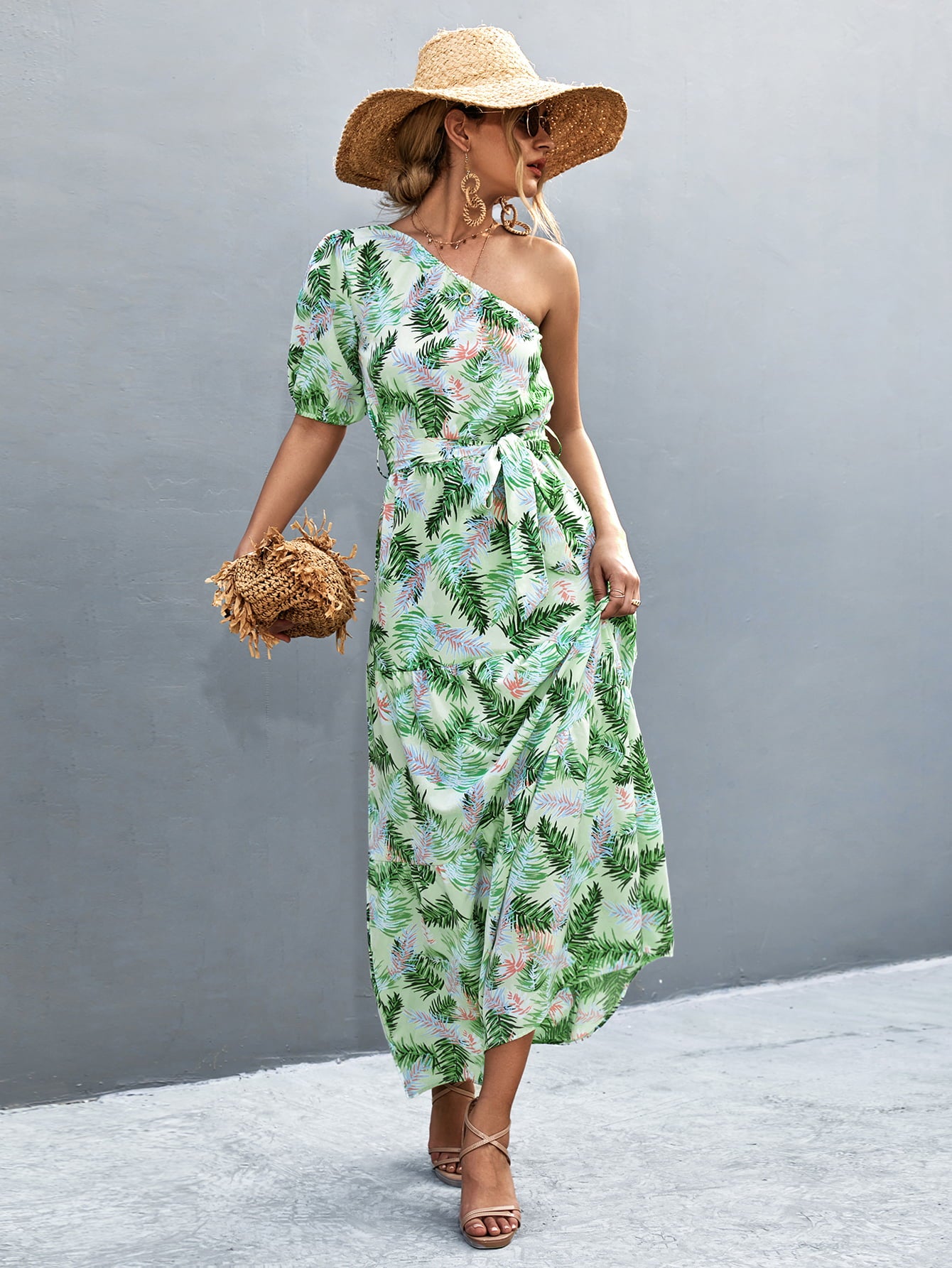 Chic One-Shoulder  Hawaiian Maxi Dress