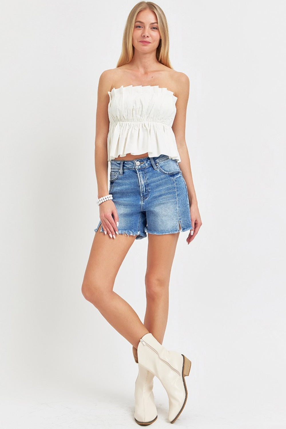 Front Slit Raw Hem Denim Shorts