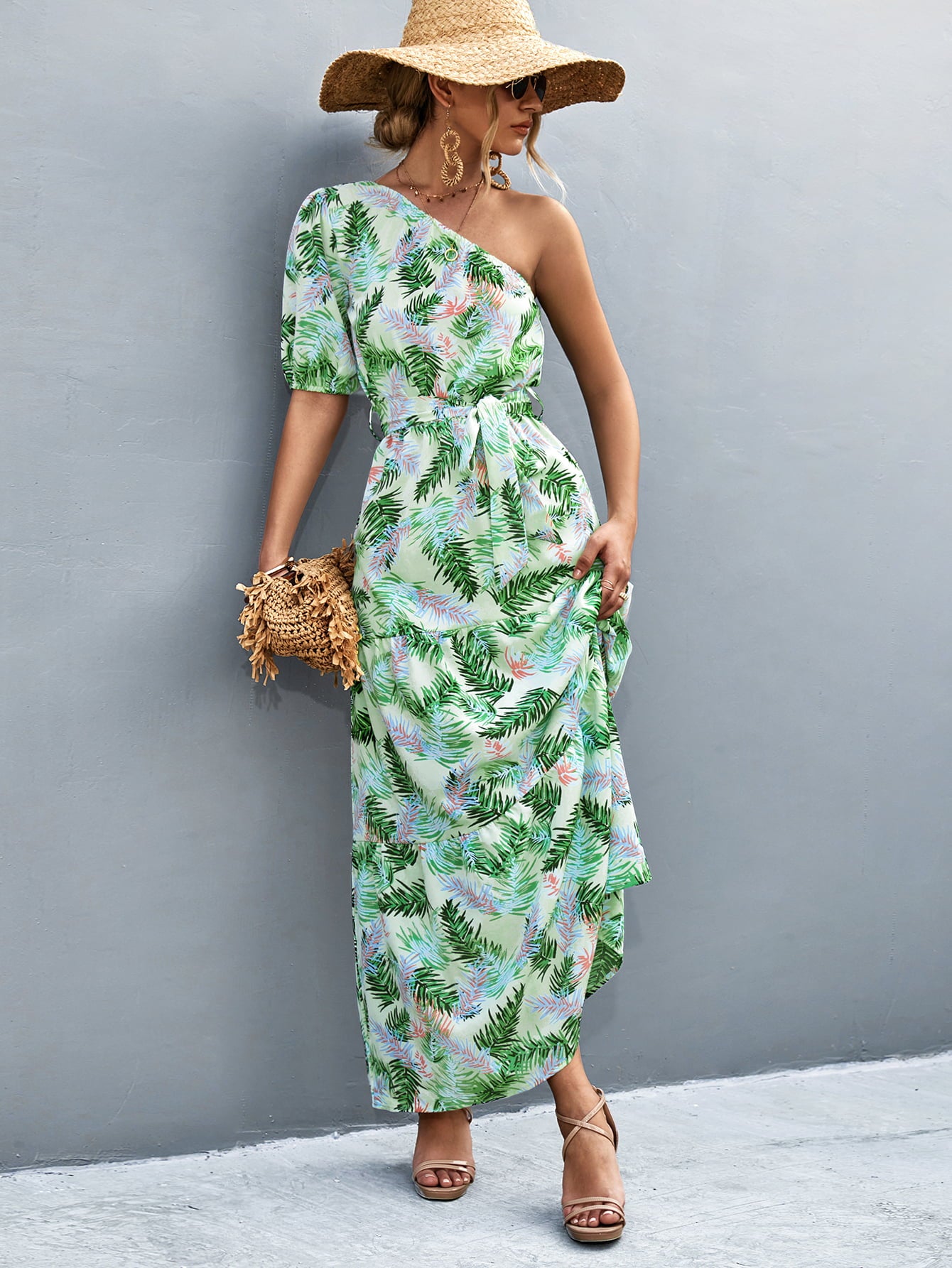 Chic One-Shoulder  Hawaiian Maxi Dress