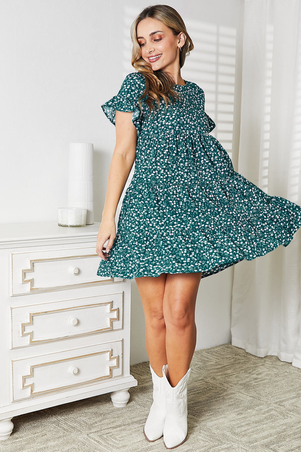 Short Flounce Sleeve Tiered Dress