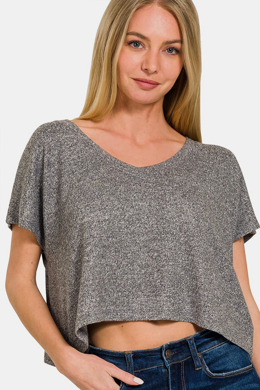 V-Neck Short Sleeve Cropped T-Shirt