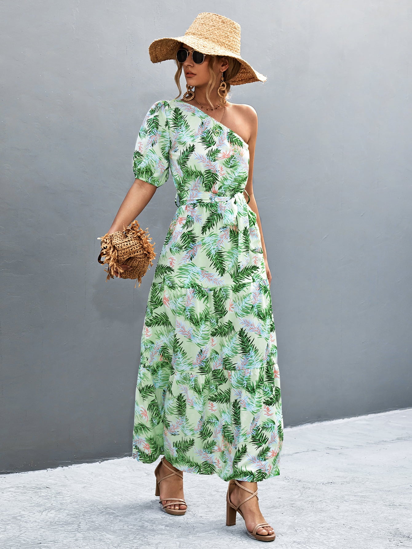 Chic One-Shoulder  Hawaiian Maxi Dress