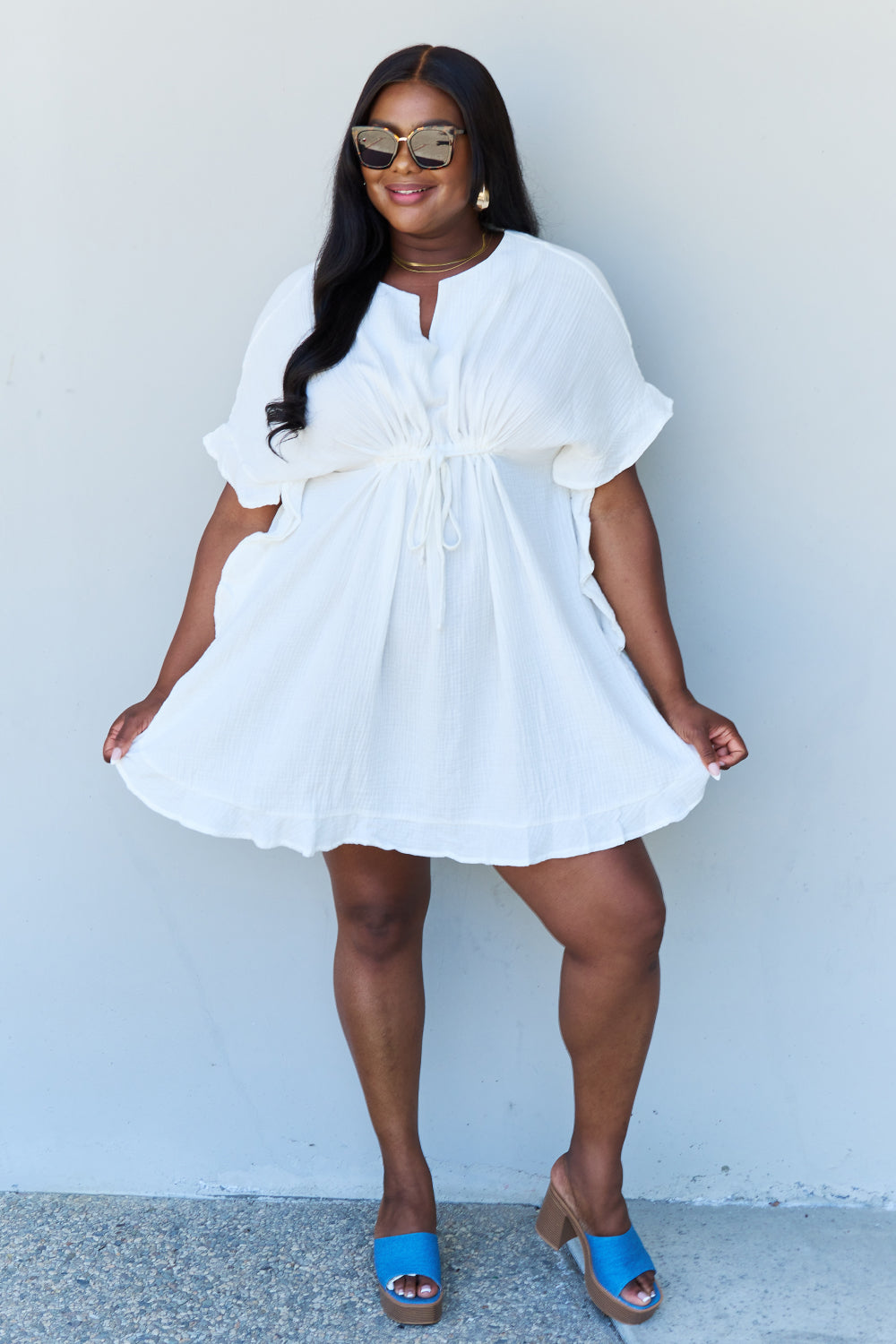 Ruffle Hem Dress with Drawstring Waistband in White