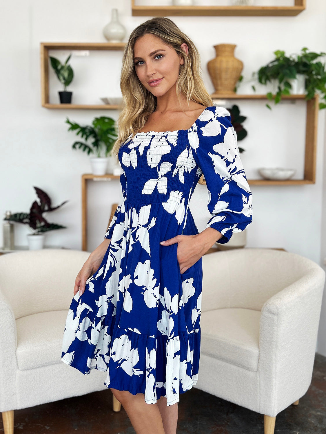 Floral Ruffle Hem Smocked Dress