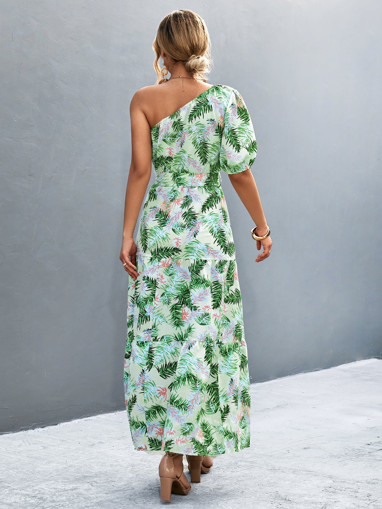 Chic One-Shoulder  Hawaiian Maxi Dress